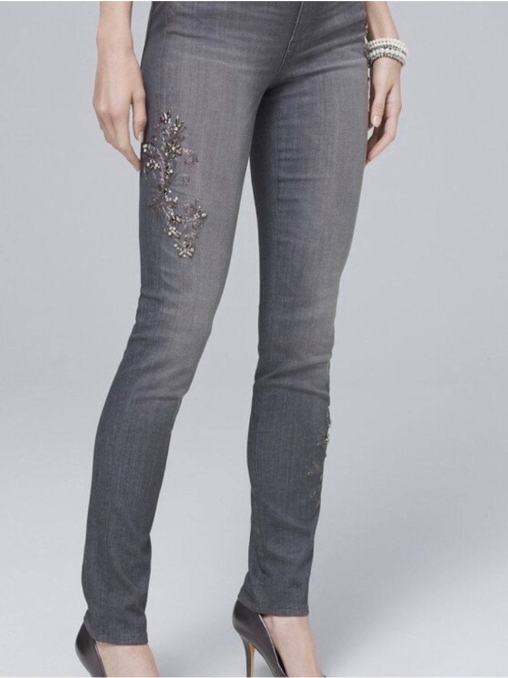 White House Black Market Gray Embellished Skinny Jeans
